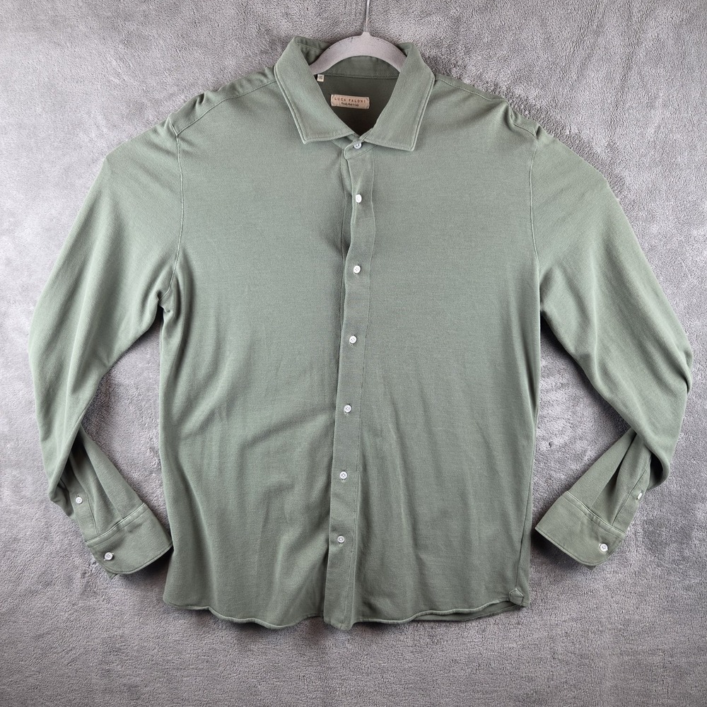 Luca‎ Faloni Green Pique Polo Men's 17-43 Long Sleeve Shirt Italy 100% Cotton